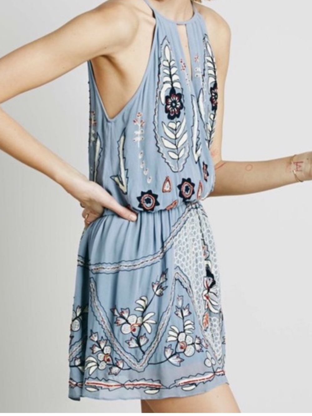 Free People Mother Nature Sleeveless Embroidered Light Blue Dress Size Medium